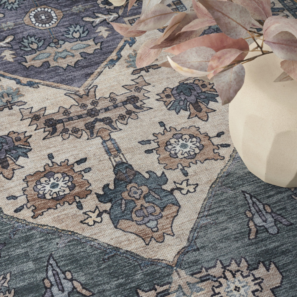 8' x 10' Blue and Green Oriental Power Loom Distressed Washable Non Skid Area Rug