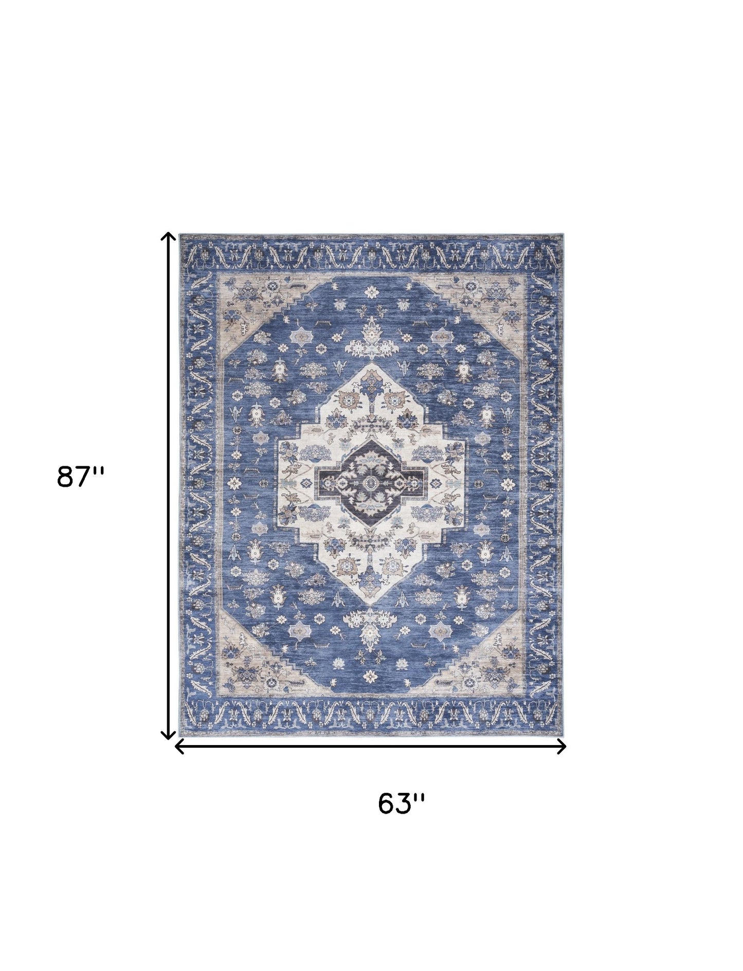 5' x 7' Blue and Beige Oriental Power Loom Distressed Washable Non Skid Area Rug