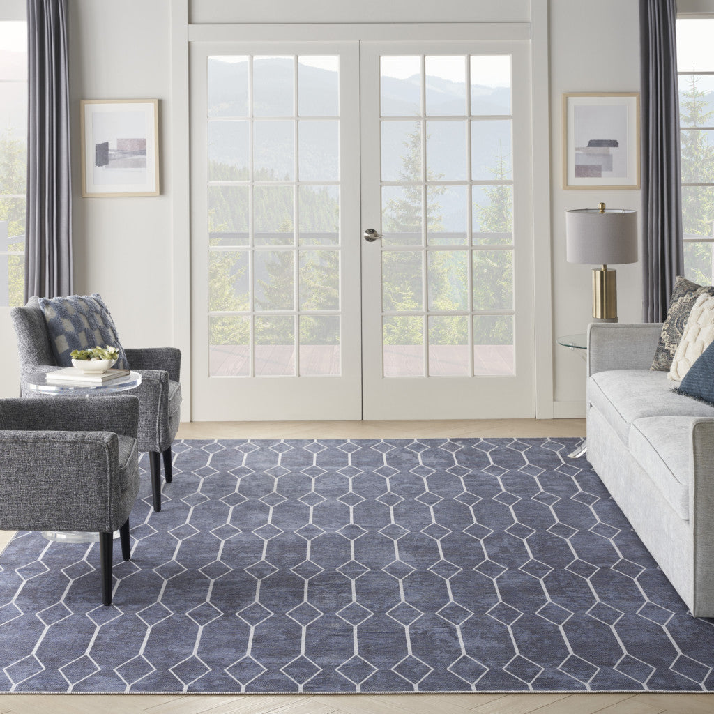 8' x 10' Blue and Ivory Geometric Power Loom Washable Area Rug
