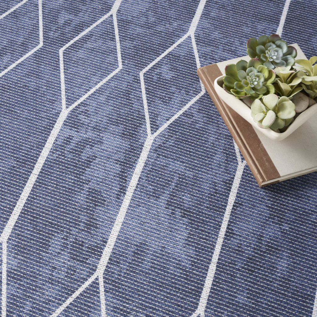 8' x 10' Blue and Ivory Geometric Power Loom Washable Area Rug