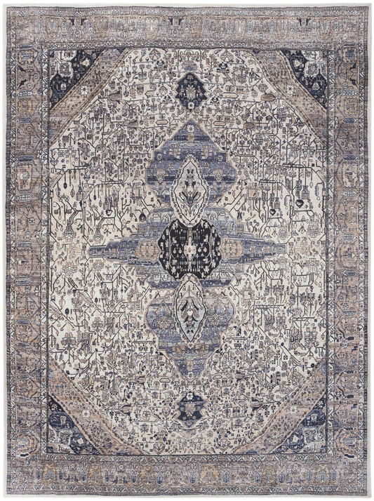 5' x 7' Ivory and Blue Oriental Power Loom Distressed Washable Non Skid Area Rug