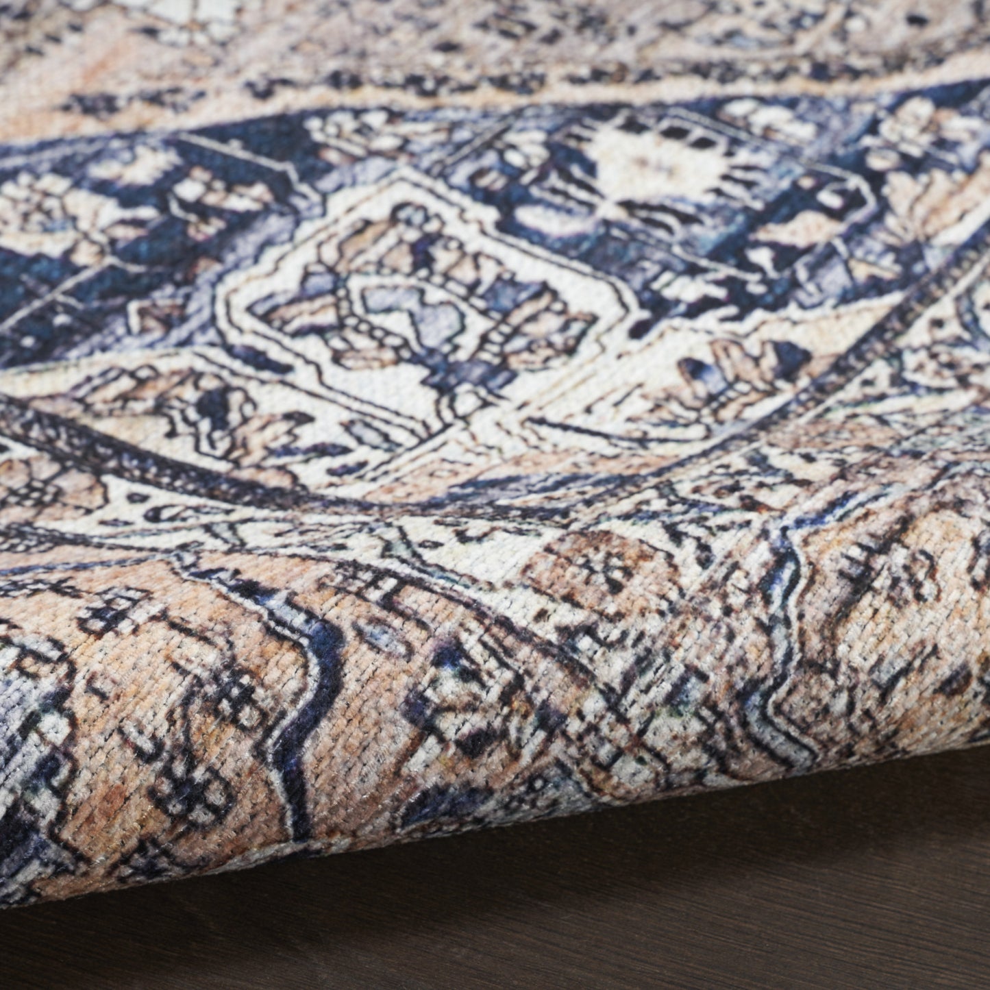 5' x 7' Ivory and Blue Oriental Power Loom Distressed Washable Non Skid Area Rug