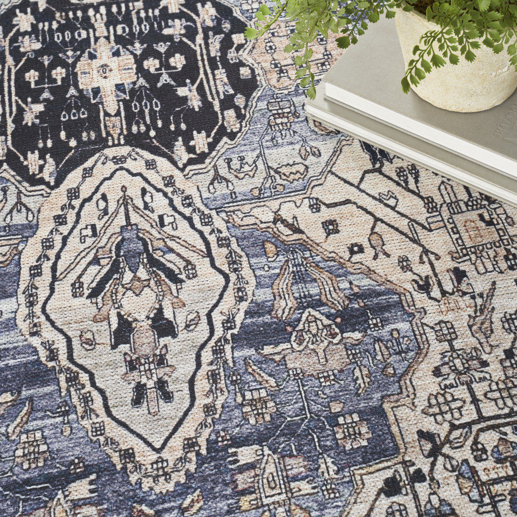 5' x 7' Ivory and Blue Oriental Power Loom Distressed Washable Non Skid Area Rug