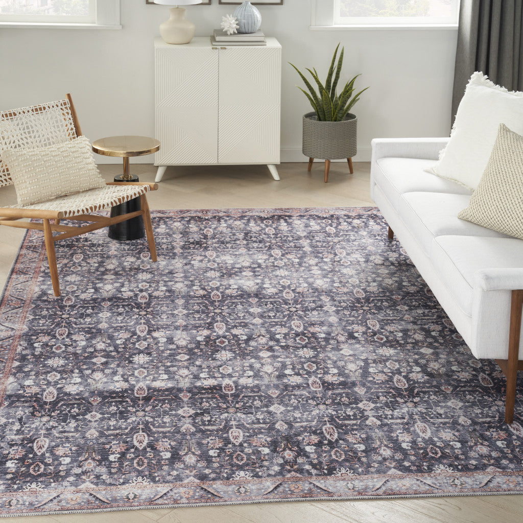 8' x 10' Blue and Ivory Oriental Power Loom Distressed Washable Non Skid Area Rug