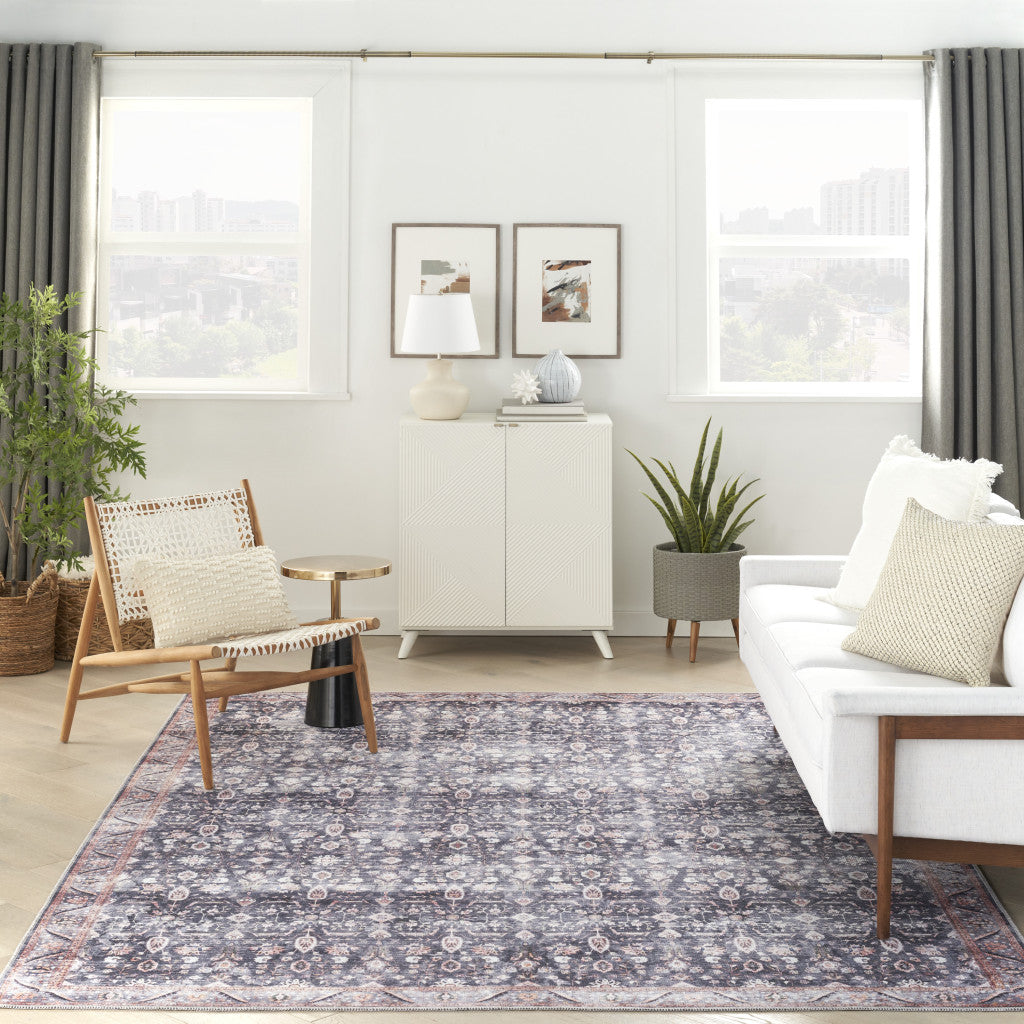 8' x 10' Blue and Ivory Oriental Power Loom Distressed Washable Non Skid Area Rug