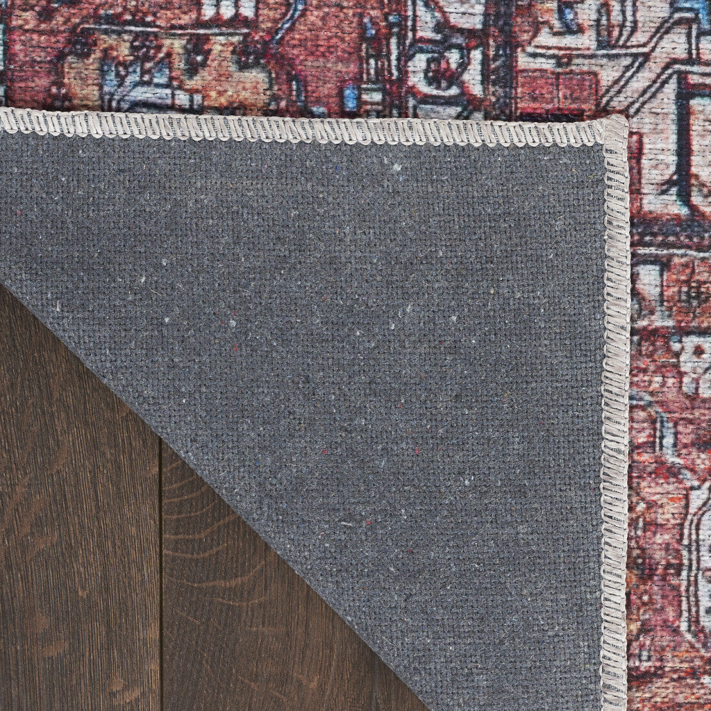 5' x 7' Red and Ivory Oriental Power Loom Distressed Washable Non Skid Area Rug