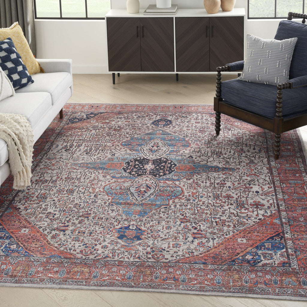 5' x 7' Red and Ivory Oriental Power Loom Distressed Washable Non Skid Area Rug