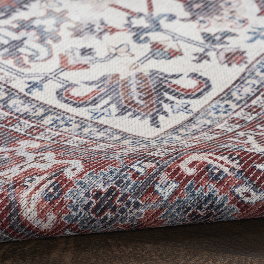 9' x 12' Red and Ivory Floral Power Loom Distressed Washable Area Rug