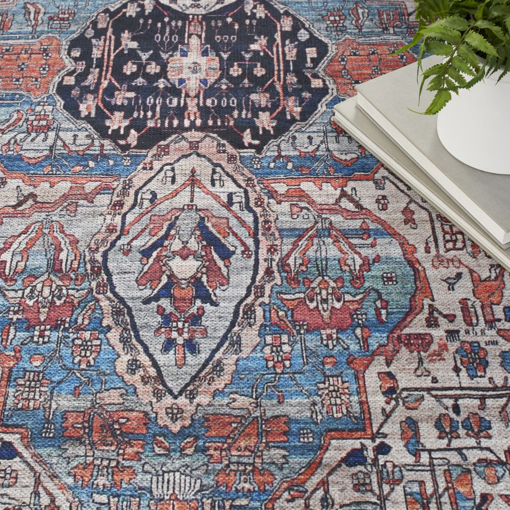5' x 7' Red and Ivory Oriental Power Loom Distressed Washable Non Skid Area Rug
