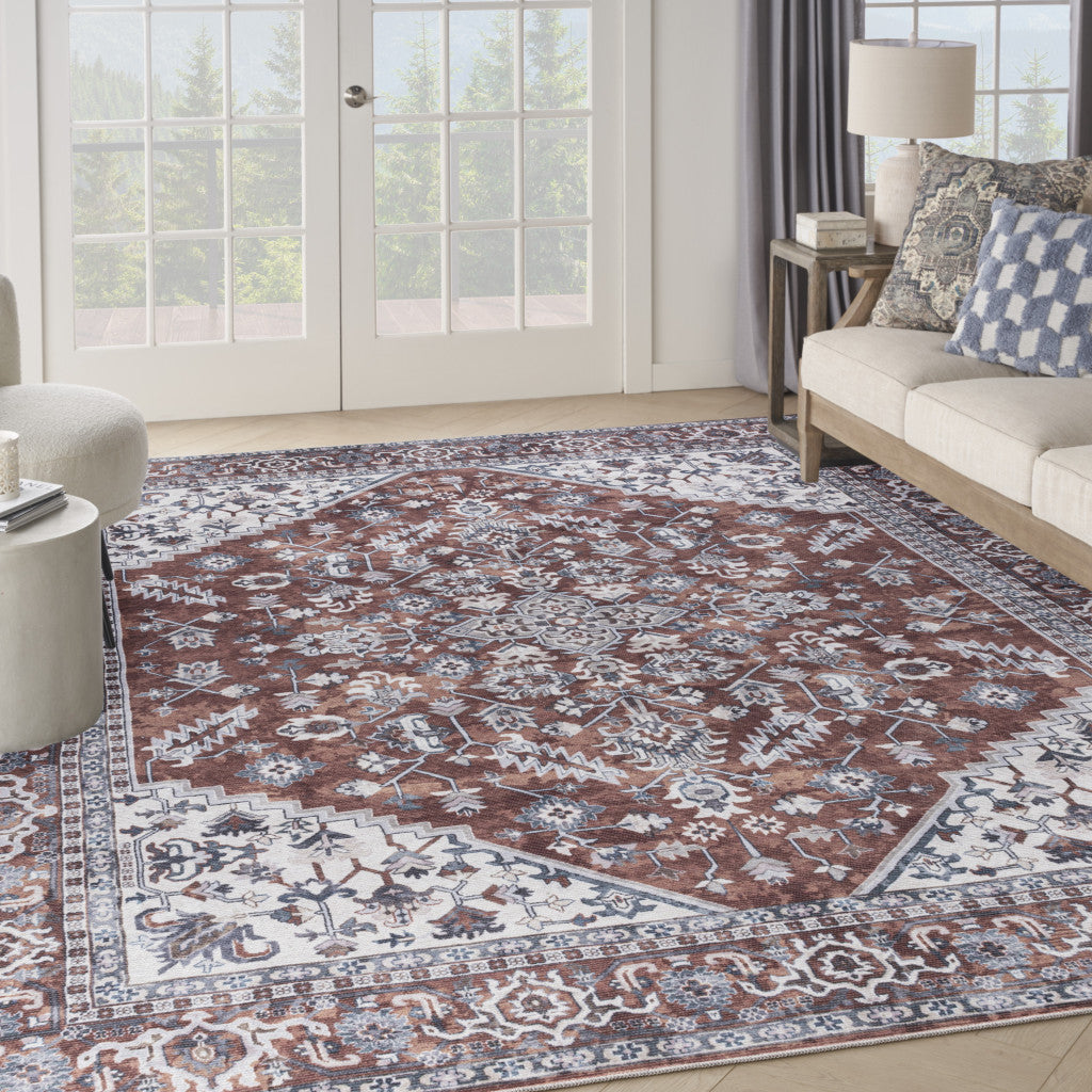 9' x 12' Red and Ivory Floral Power Loom Distressed Washable Area Rug