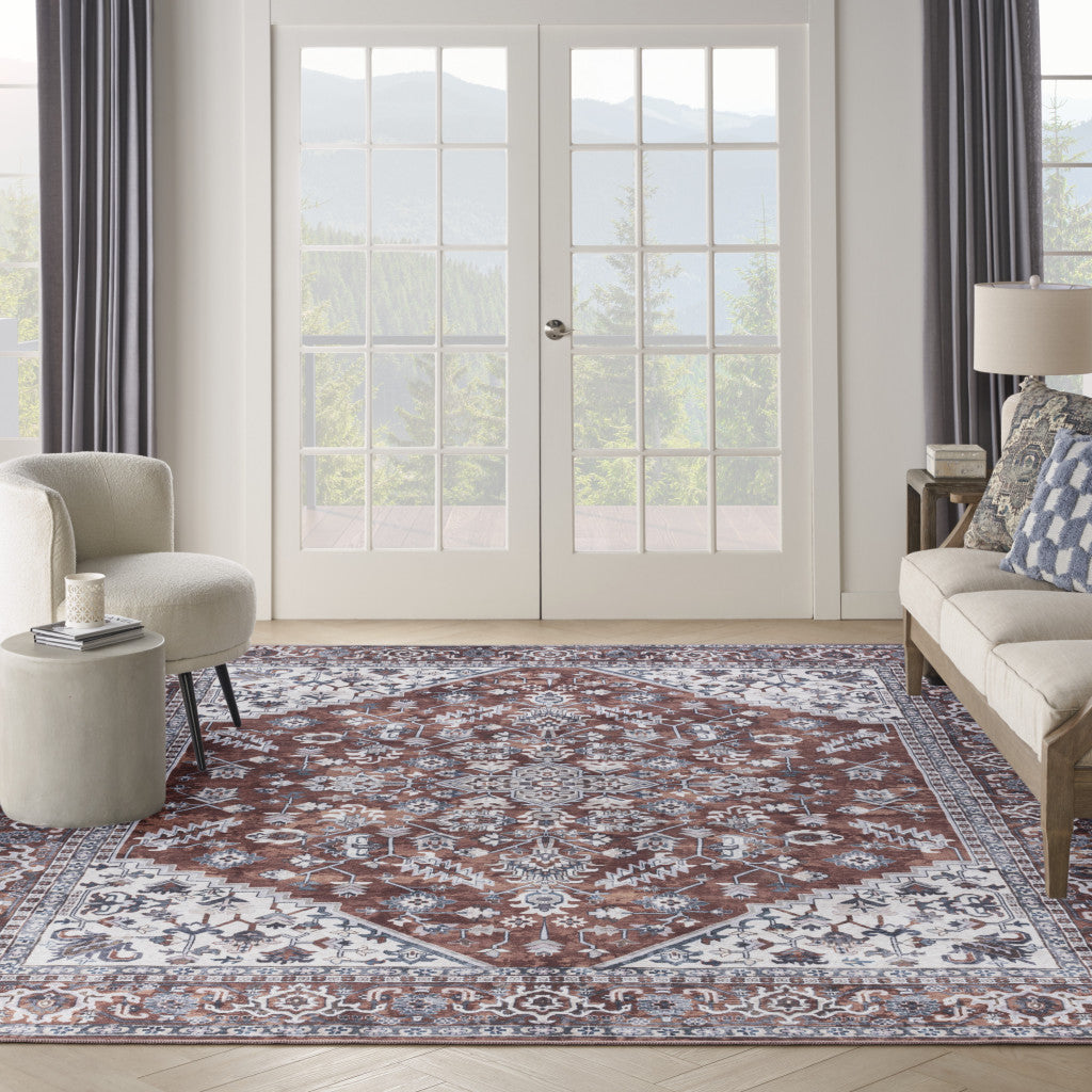 9' x 12' Red and Ivory Floral Power Loom Distressed Washable Area Rug