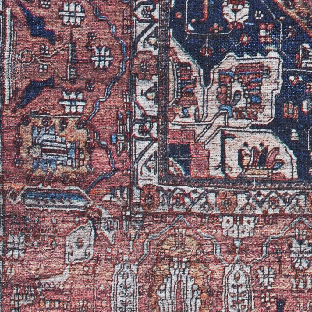 5' x 7' Red and Ivory Oriental Power Loom Distressed Washable Non Skid Area Rug