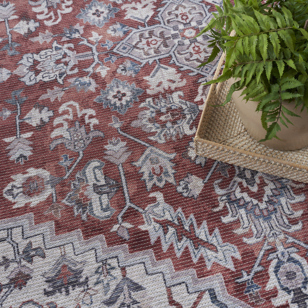 8' Red and Ivory Floral Power Loom Distressed Washable Runner Rug