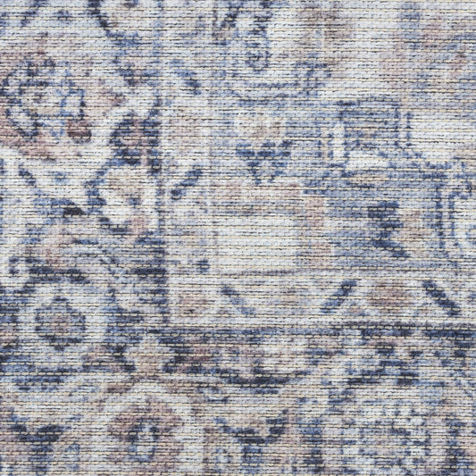 10' Blue and Ivory Floral Power Loom Distressed Washable Runner Rug