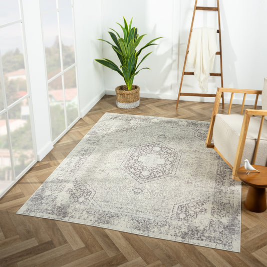 8' x 10' Gray Medallion Washable Non Skid Area Rug