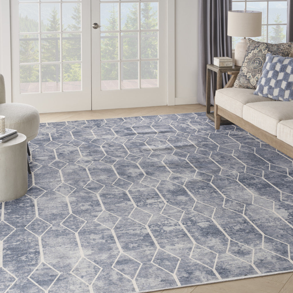 9' x 12' Blue and Beige Geometric Power Loom Washable Area Rug