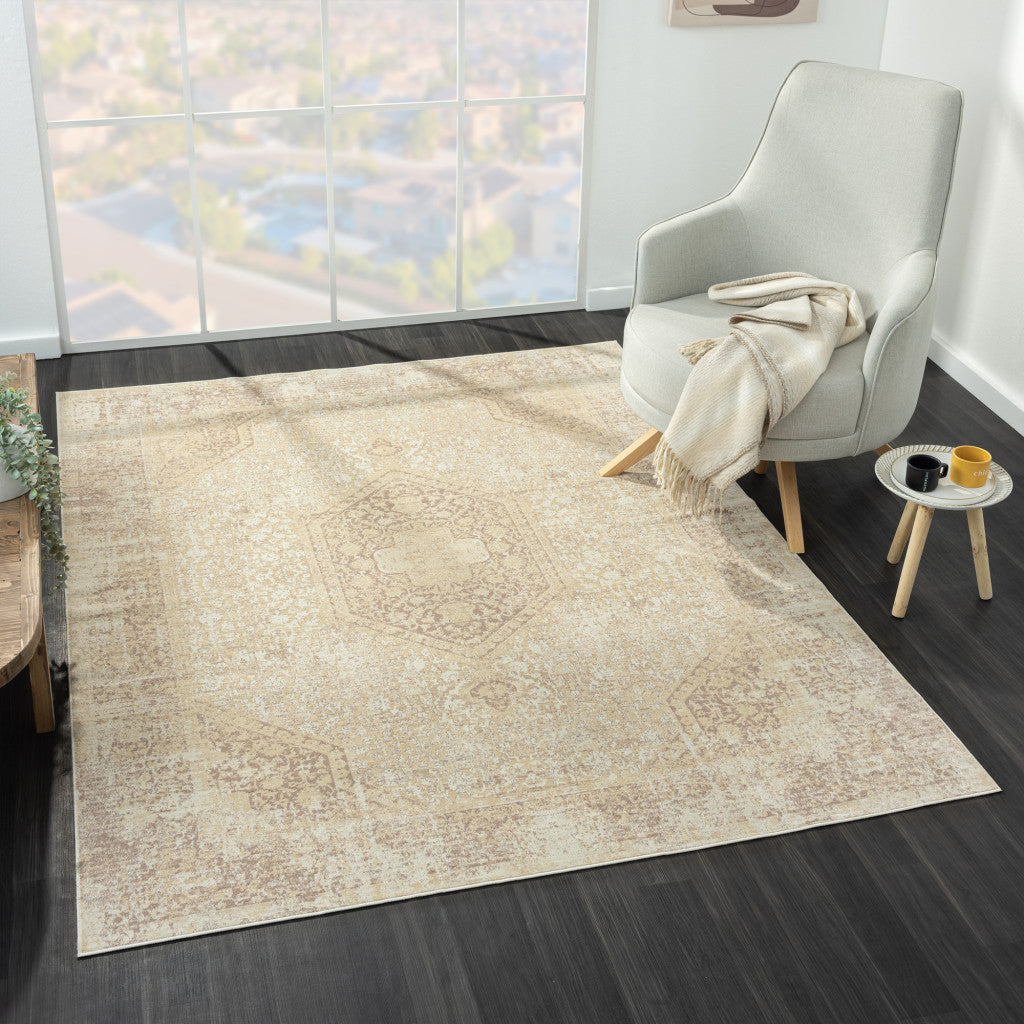 2' x 3' Beige Medallion Washable Non Skid Area Rug