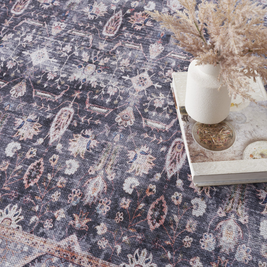 4' x 6' Blue and Ivory Oriental Power Loom Distressed Washable Non Skid Area Rug