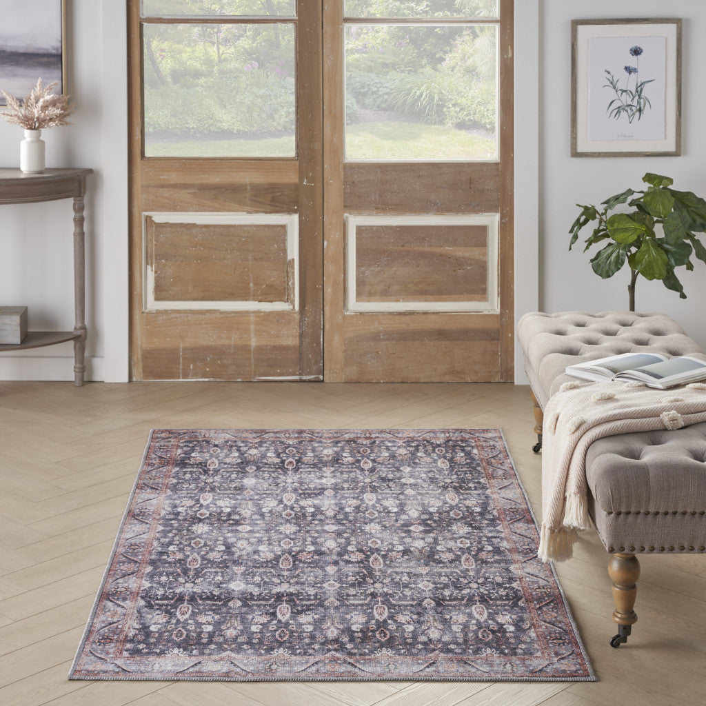 4' x 6' Blue and Ivory Oriental Power Loom Distressed Washable Non Skid Area Rug