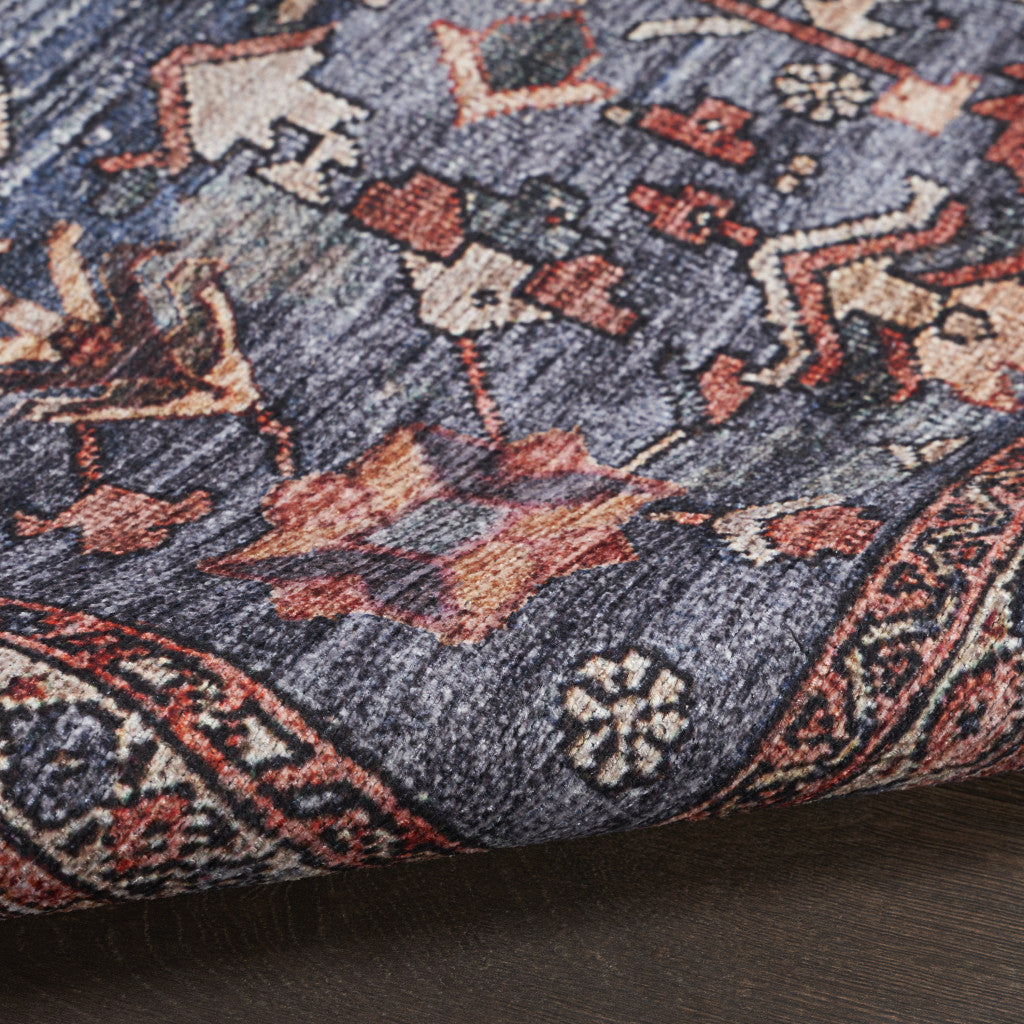 4' x 6' Blue and Red Oriental Power Loom Distressed Washable Non Skid Area Rug