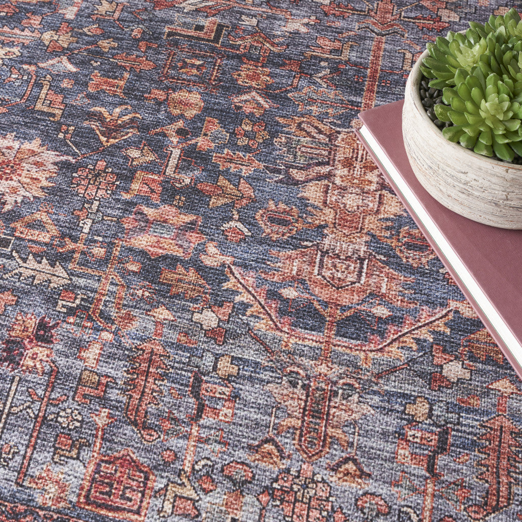 4' x 6' Blue and Red Oriental Power Loom Distressed Washable Non Skid Area Rug