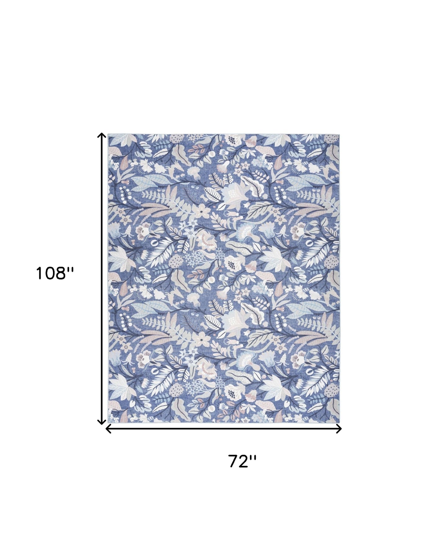 6' x 9' Blue and Off White Floral Power Loom Washable Non Skid Area Rug