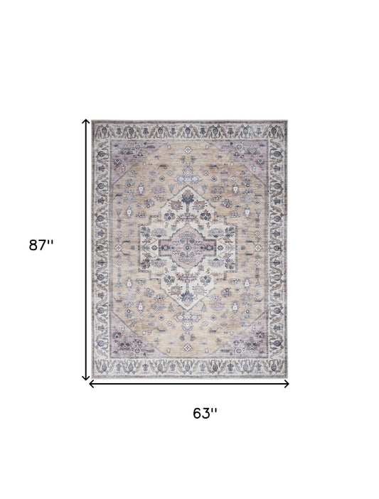 5' x 7' Beige and Gray Oriental Power Loom Distressed Washable Non Skid Area Rug