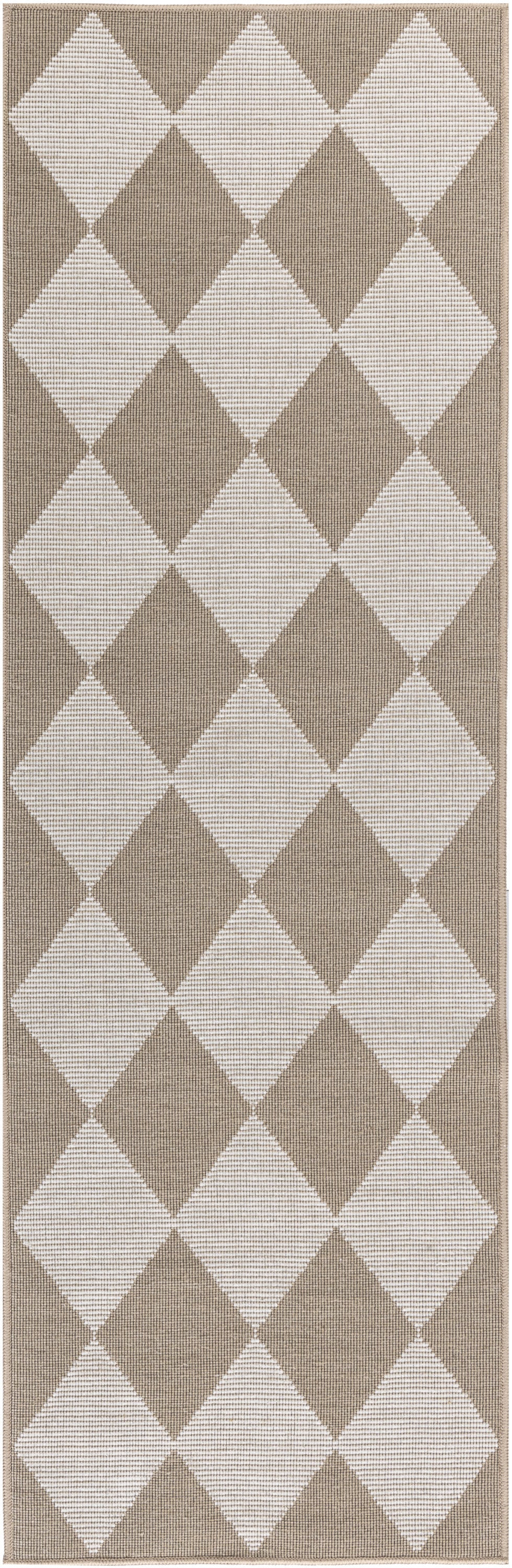 8' Natural and Ivory Geometric Power Loom Washable Non Skid Runner Rug