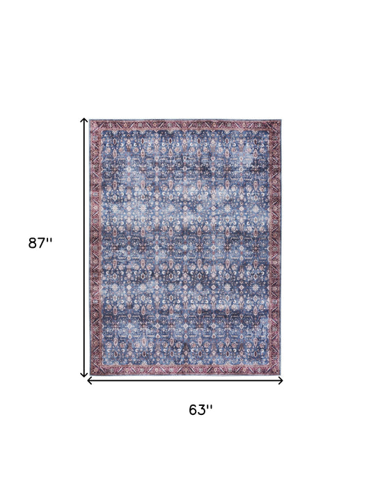 5' x 7' Blue and Red Oriental Power Loom Distressed Washable Non Skid Area Rug