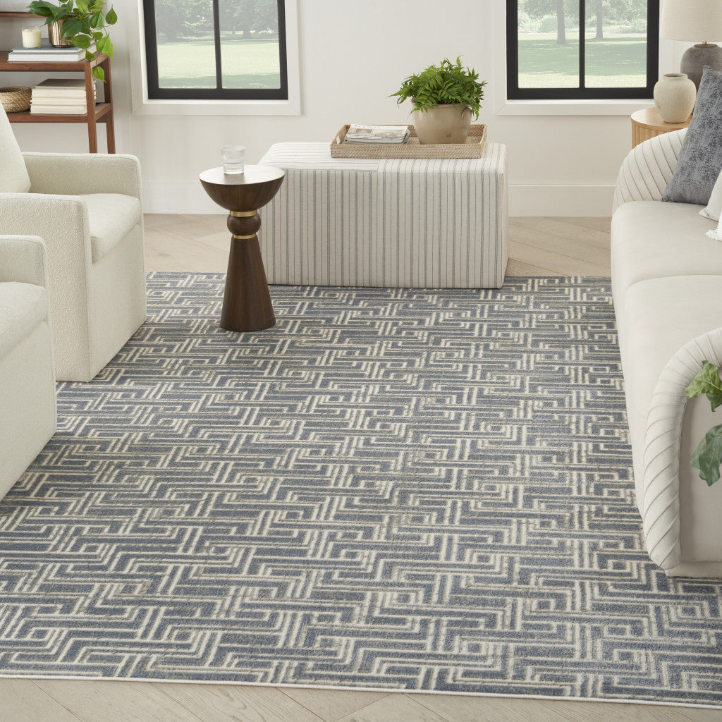 9' x 12' Blue Geometric Distressed Area Rug