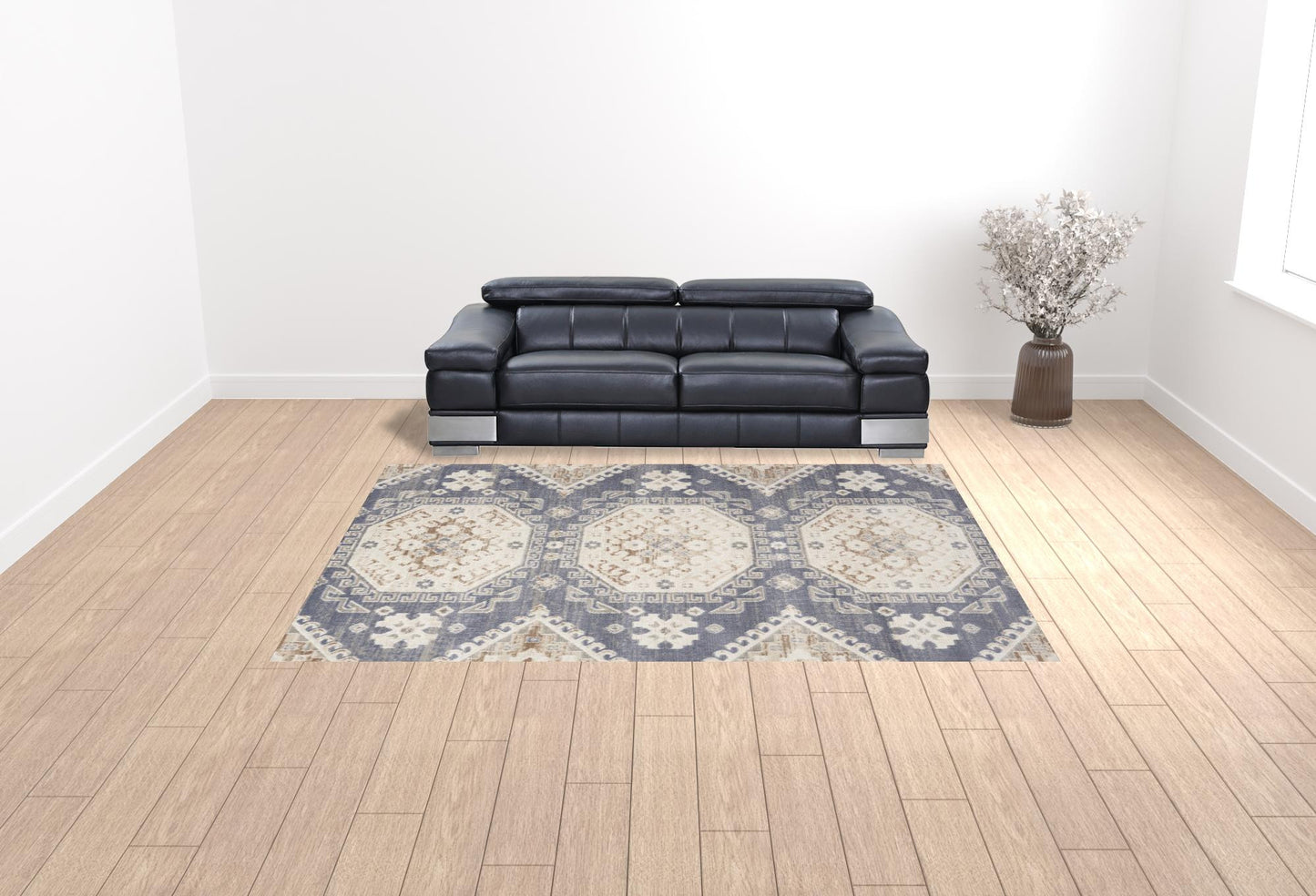 9' x 12' Blue Geometric Distressed Area Rug