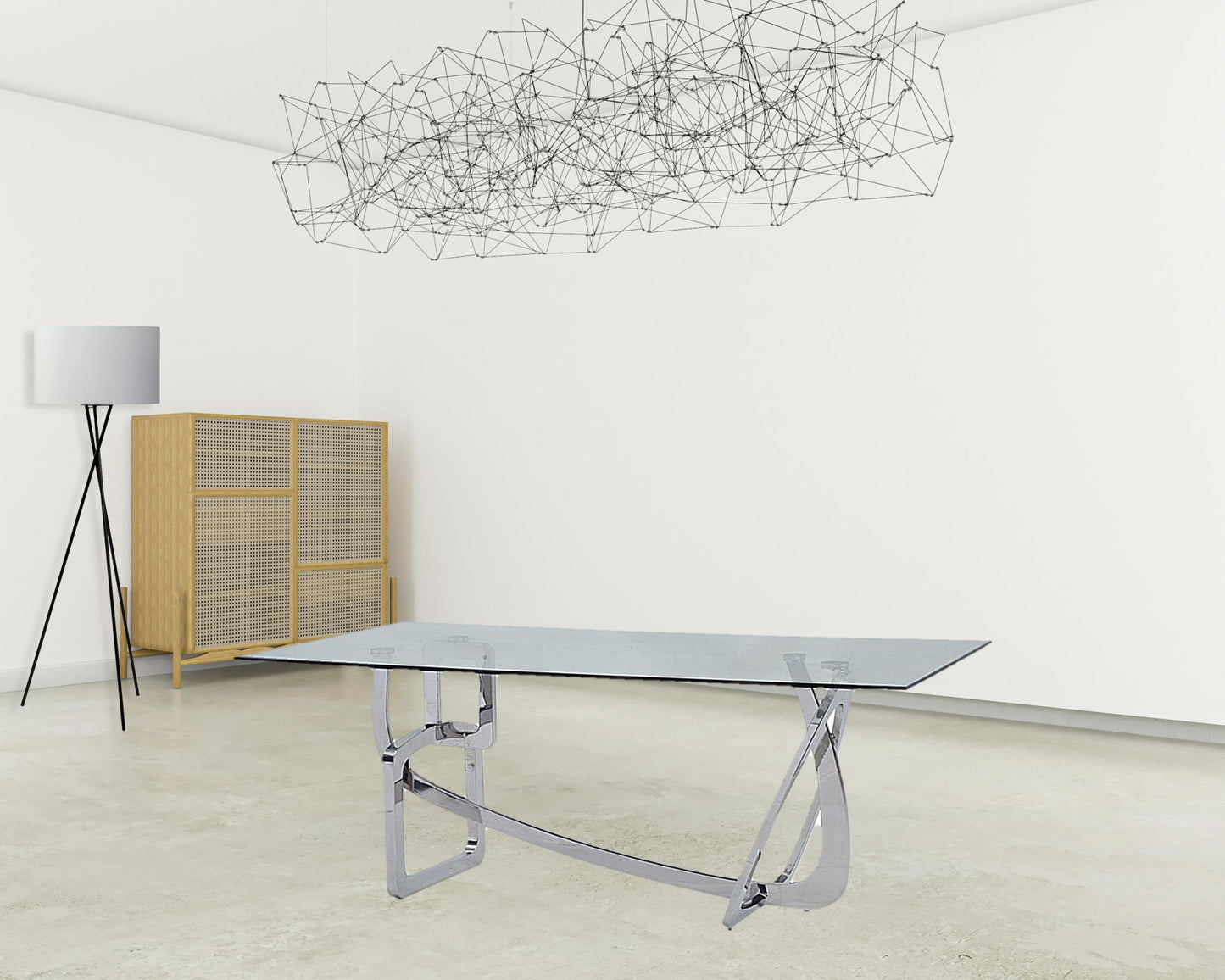 79" Clear And Silver Glass And Stainless Steel Dining Table
