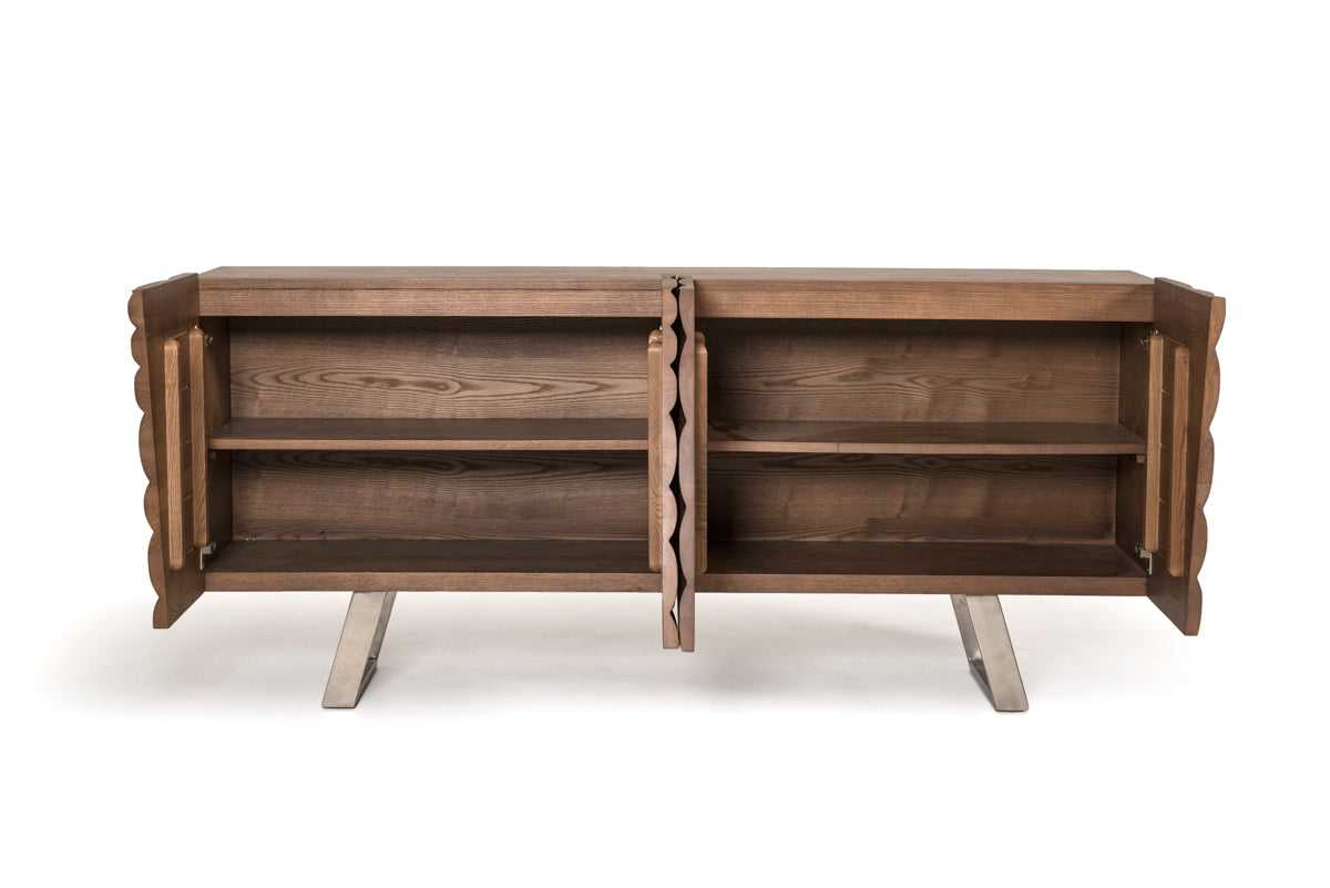 34" Walnut Wood Veneer And Steel Buffet