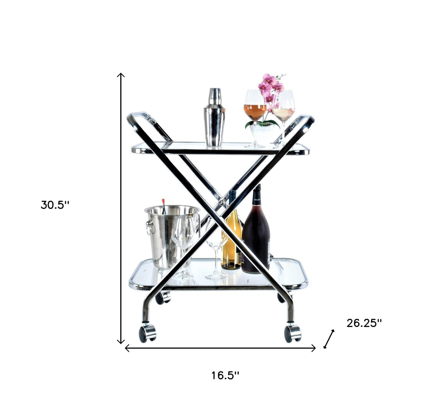 16.5" X 26.25" X 30.5" Chrome Xshape Bar Cart