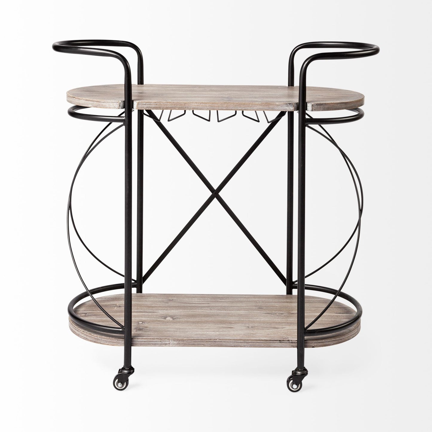 Cyclider Black Metal With Two Wooden Shelves Bar Cart