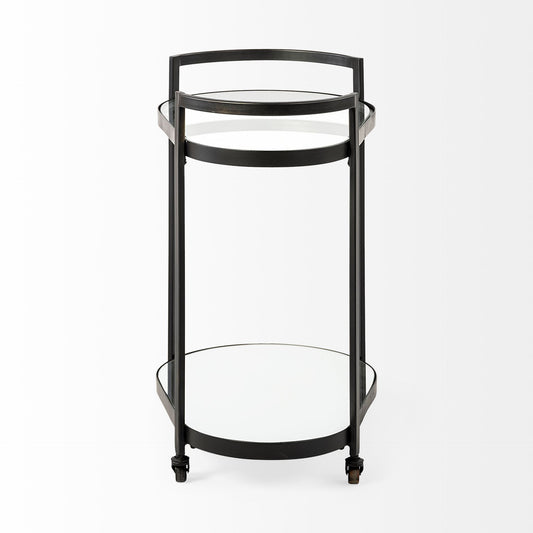 Cyclider Black Metal With Two Mirror Glass Shelves Bar Cart