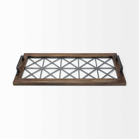Brown Wood With Geometrically Metal Frame And Glass Bottom Tray