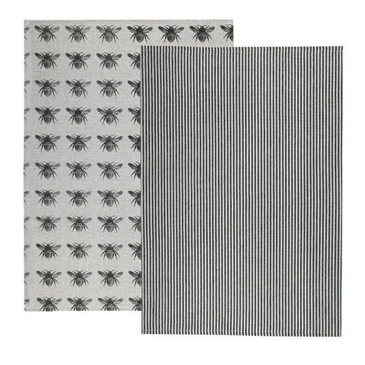 Set Of Two Tea Towels With Dark Green Bumble Bee Oven Gloves