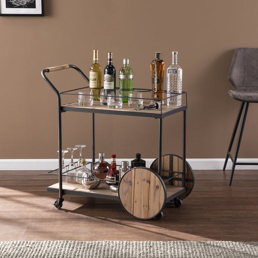 Natural and Black Reclaimed Wood Bar Cart With Wine Storage