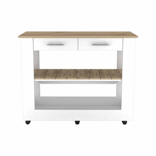 Light Oak and White Kitchen Island with Drawer Shelves and Casters