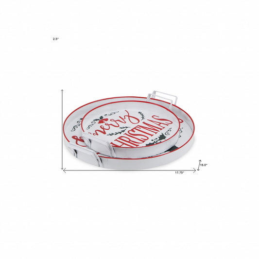 18" White Round Metal Christmas Handmade Tray With Handles