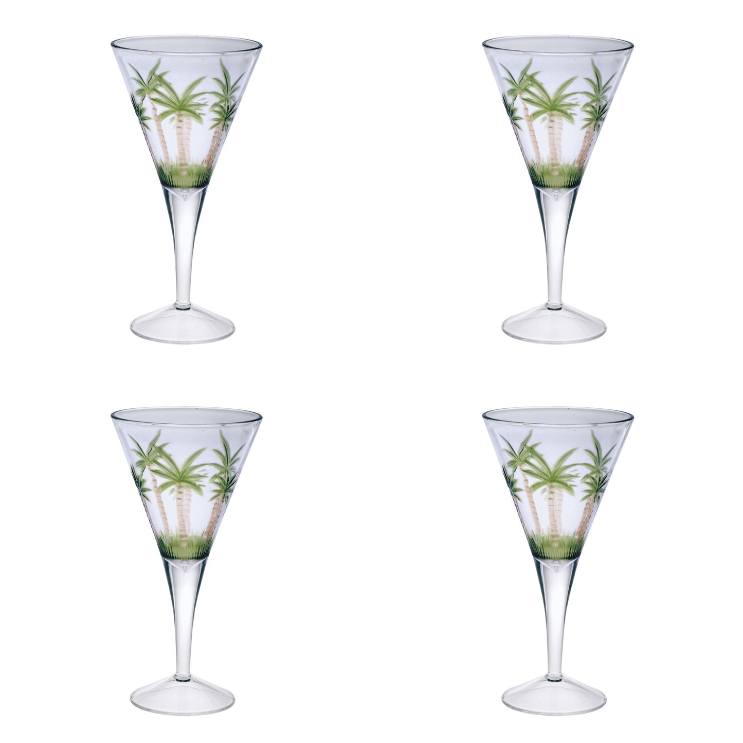 Set of Four Clear and Green Palm Tree Acrylic Stemmed All Purpose Wine Glasses