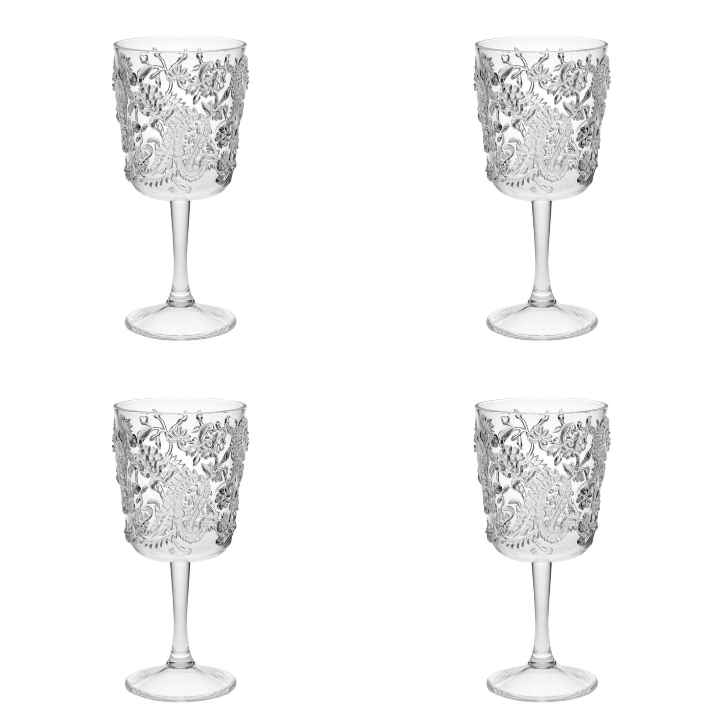 Set of Four Clear Paisley Acrylic Stemmed All Purpose Wine Glass