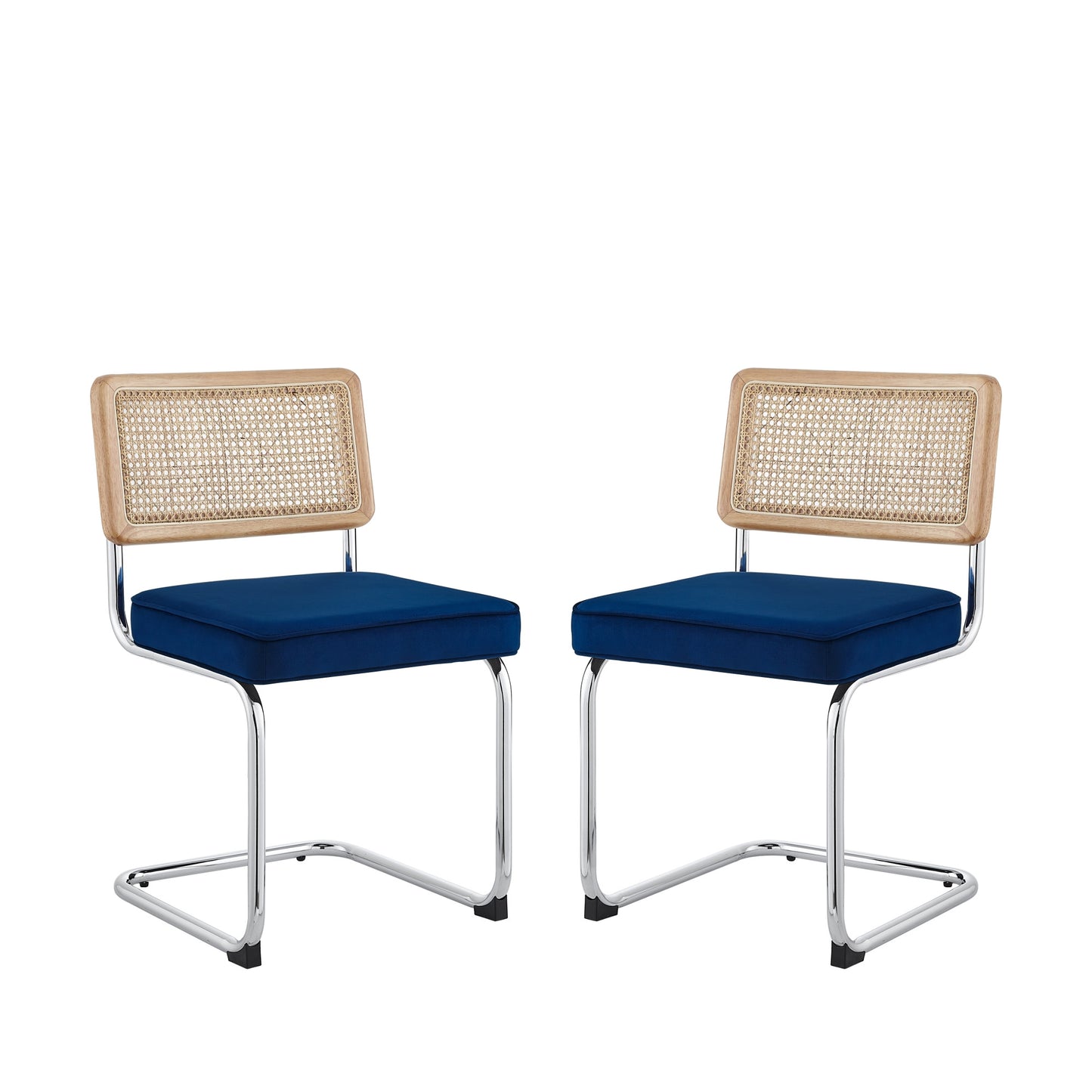 Set of Two Navy Blue and Silver Upholstered Velvet Dining Side Chairs