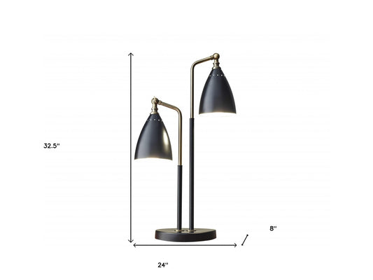Matte Black Metal And Antique Brass Two Light Adjustable Table Lamp