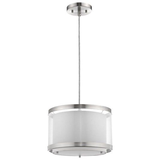Lux 1-Light Brushed Nickel Pendant With Metal Trimmed Sheer Snow Shantung Two Tier Shade