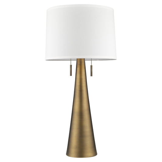 34" Brass Metal Two Light Table Lamp With White Empire Shade