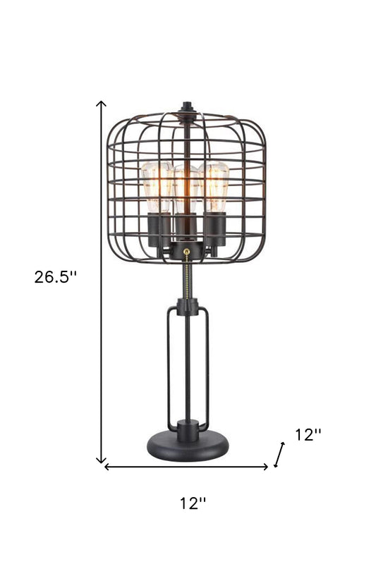 27" Black Metal Industrial Cage Design Three Light Table Lamp