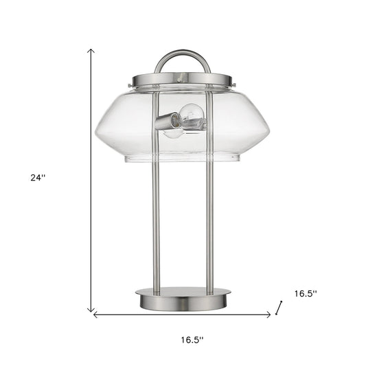 24" Silver Metal Two Light Table Lamp With Clear Novelty Shade