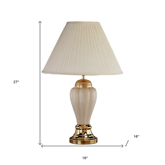 27" Beige Ceramic Bedside Table Lamp With Off-White Shade